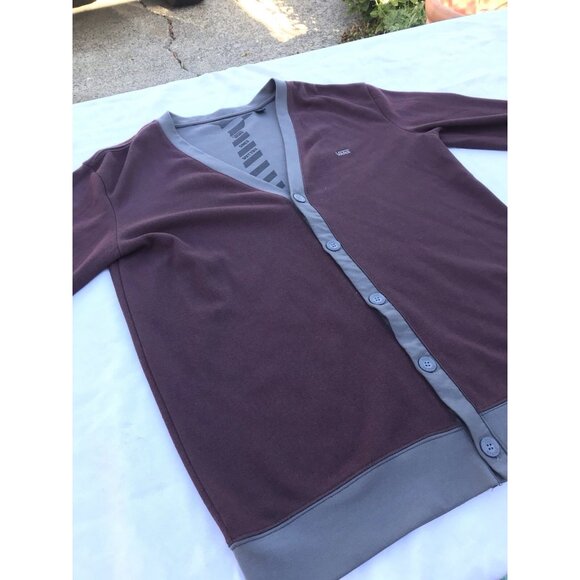 VANS Poly Cotton Button Up Cardigan Sweater Maroon Gray Men’s L Retro Jacket EUC - Picture 6 of 14